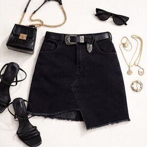Momokrom Shadow Caster Black High Cut Leg Denim Skirt Raw Hem Medium